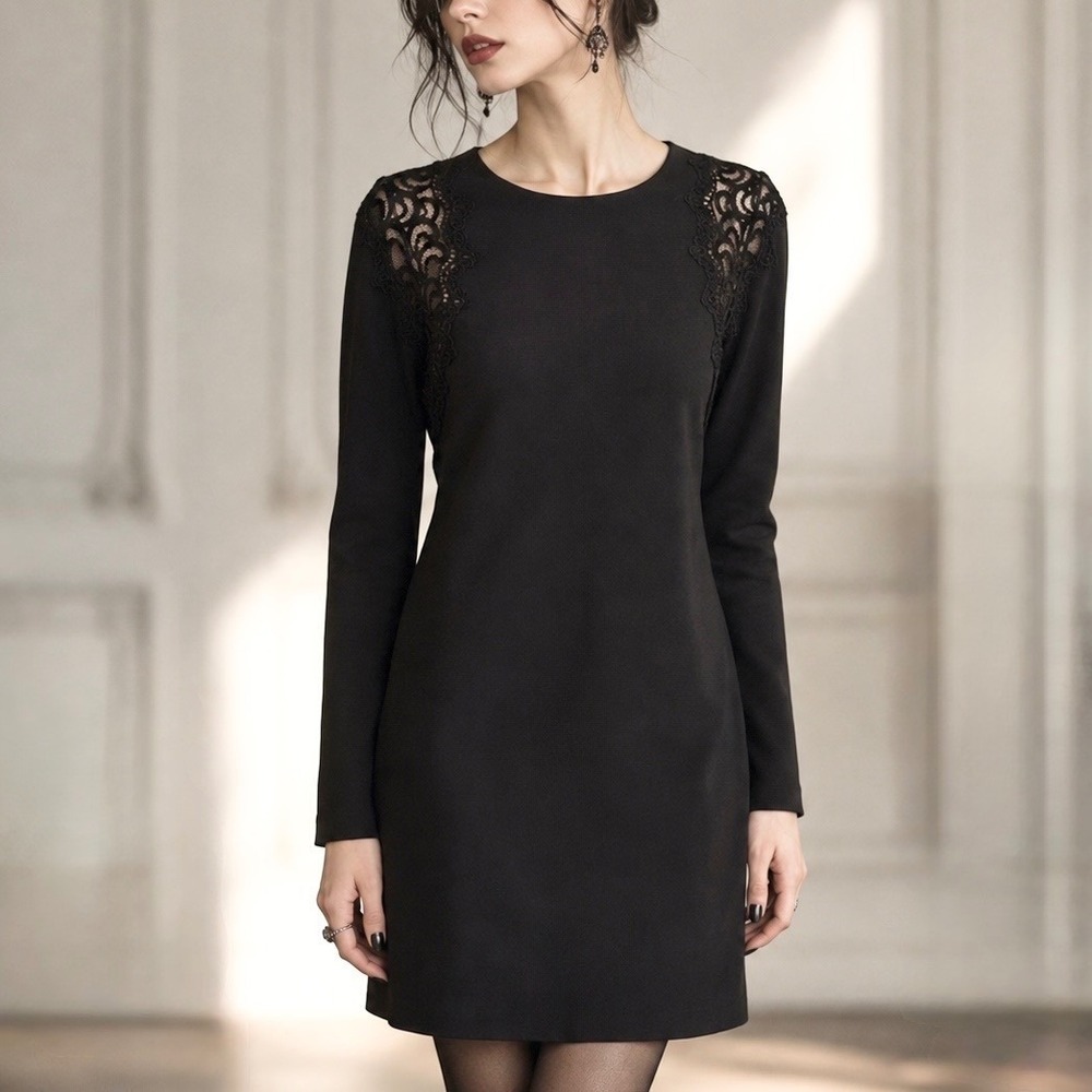 Cynthia Steffe Shift Dress Black Lace Shoulder Long Sleeve LBD Dark Feminine 8